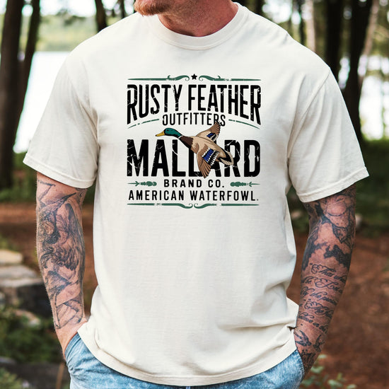 Flat lay of Rusty Feather Outfitters Mallard Hunting Shirt highlighting print quality and fabric