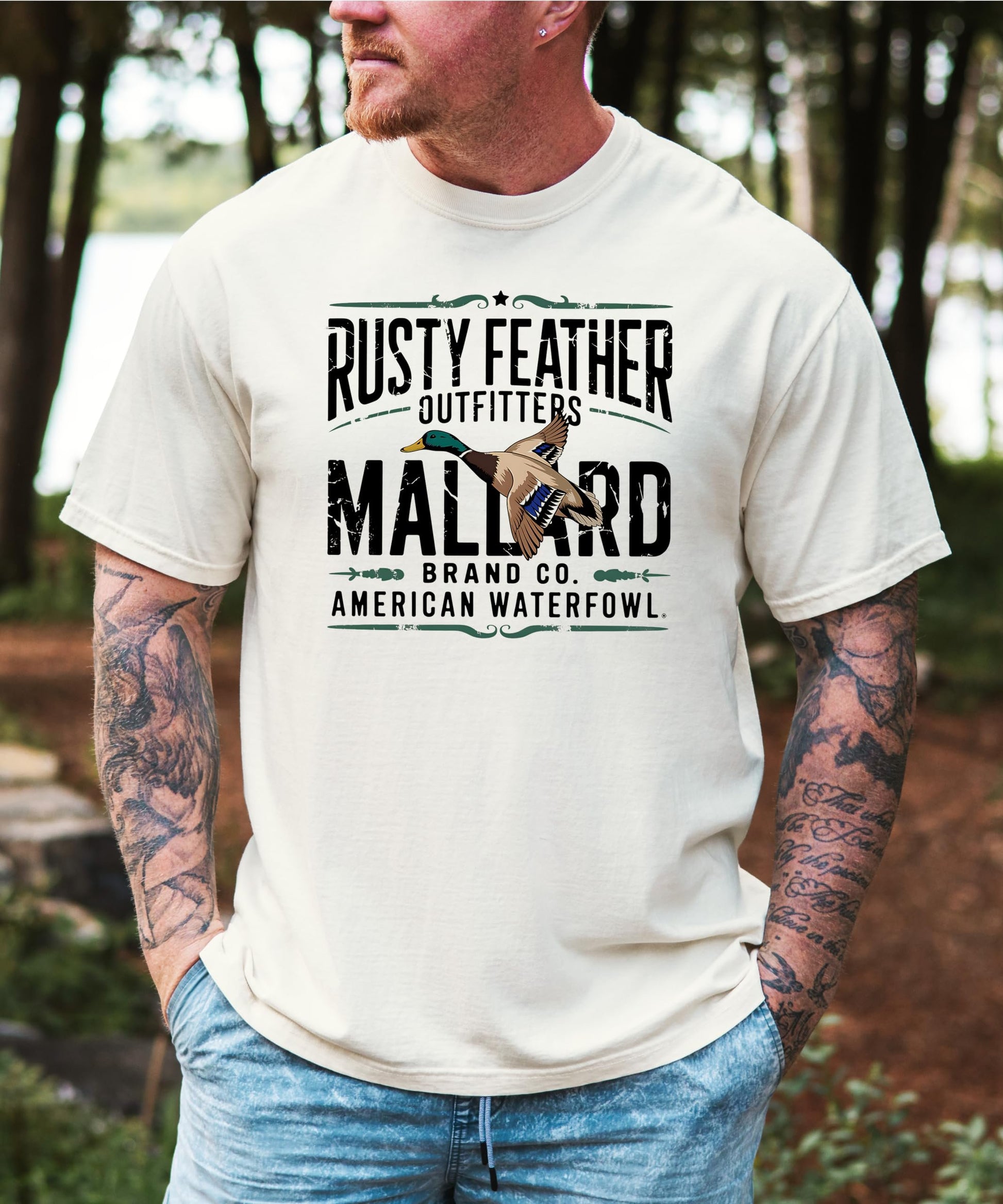 Flat lay of Rusty Feather Outfitters Mallard Hunting Shirt highlighting print quality and fabric