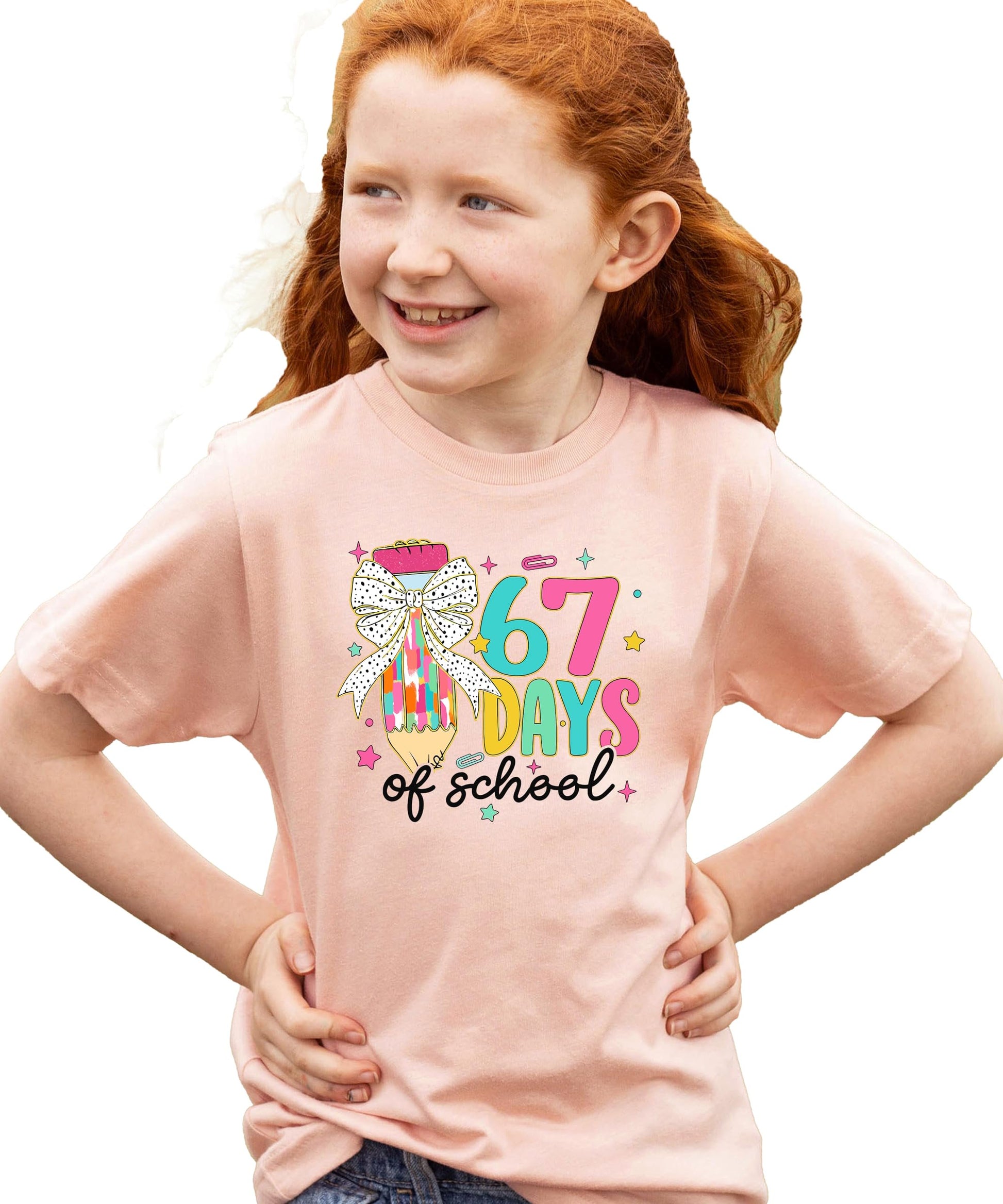 Back or side view of 67 Days of School kids' graphic t-shirt with girly pencil design
