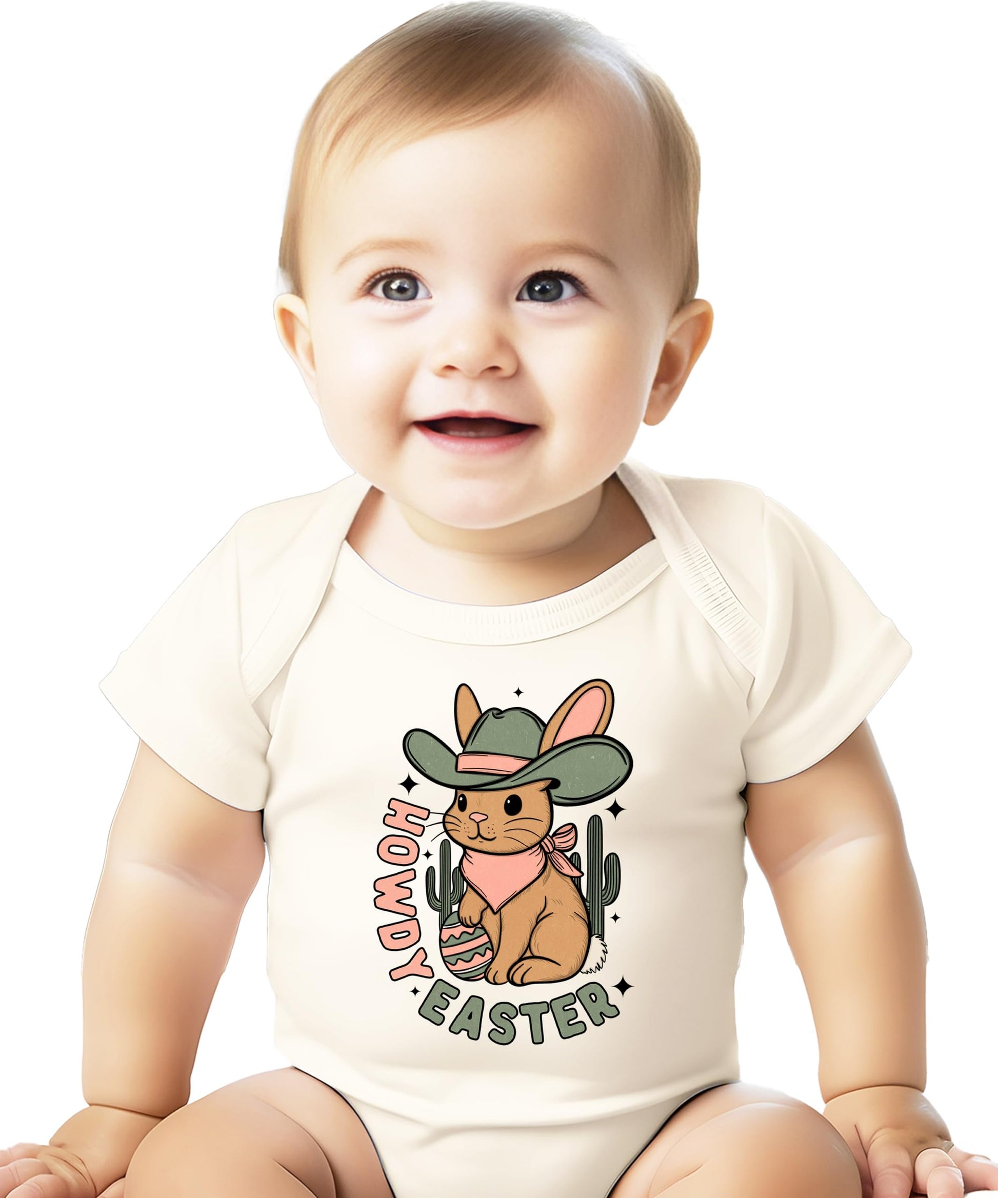 Baby girl wearing western-themed Easter bunny snap bodysuit in peach