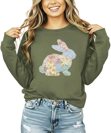 Ink Printed Image NOT a Quilt Patch - Easter Floral Bunny Faux Patchwork Pullover