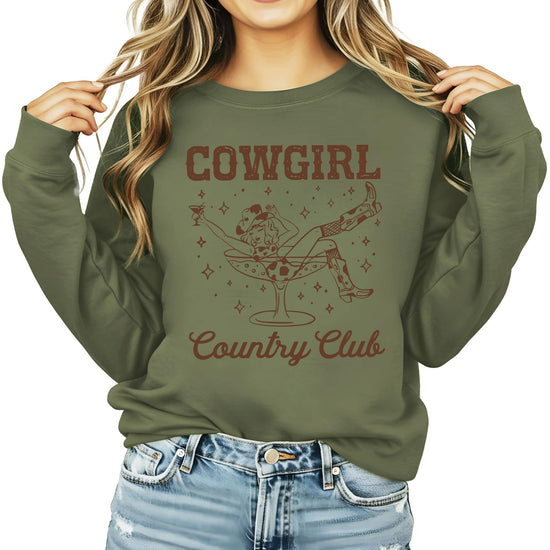 Women's army green Cowgirl Country Club graphic pullover sweatshirt with western-style design