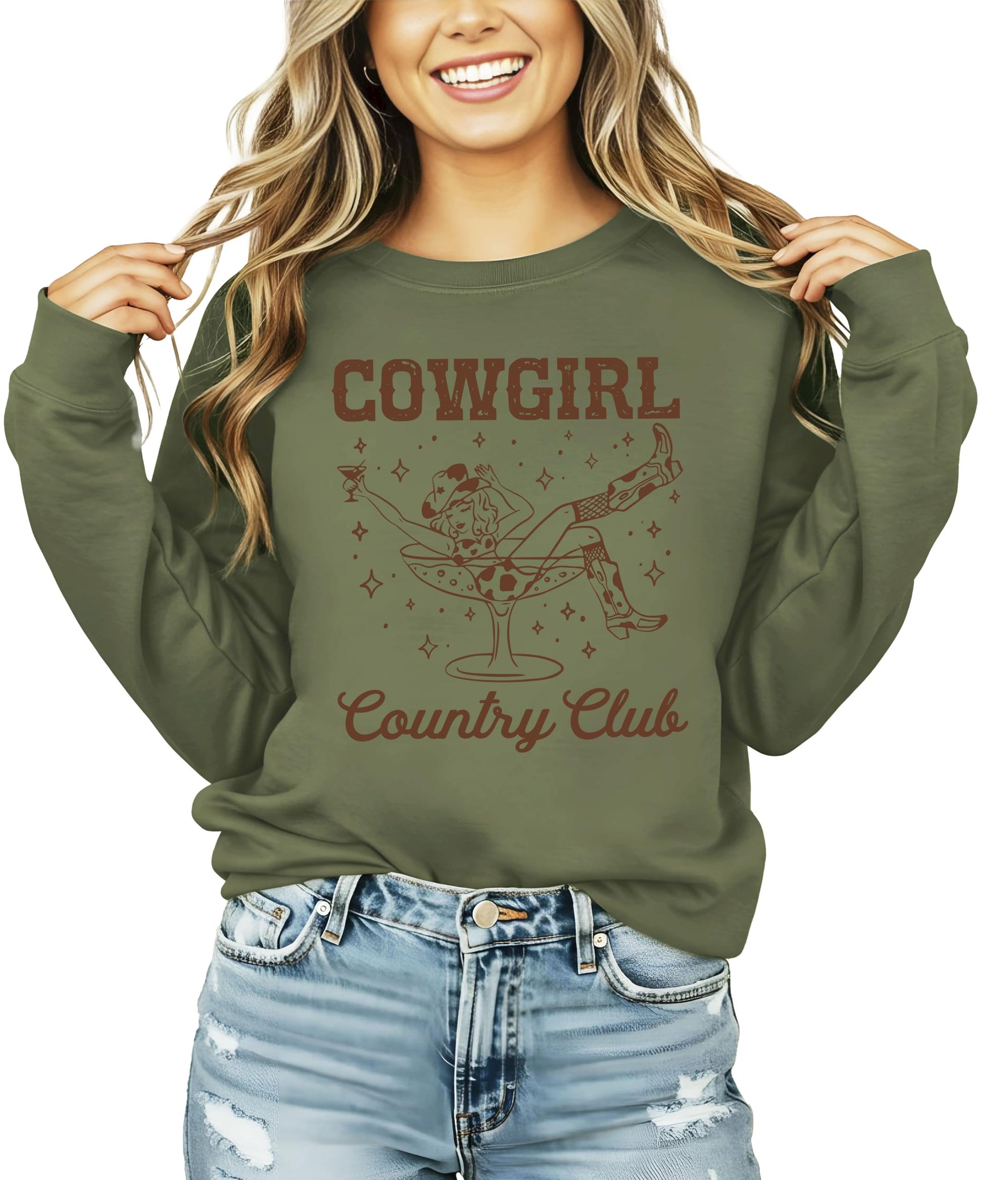 Women's army green Cowgirl Country Club graphic pullover sweatshirt with western-style design