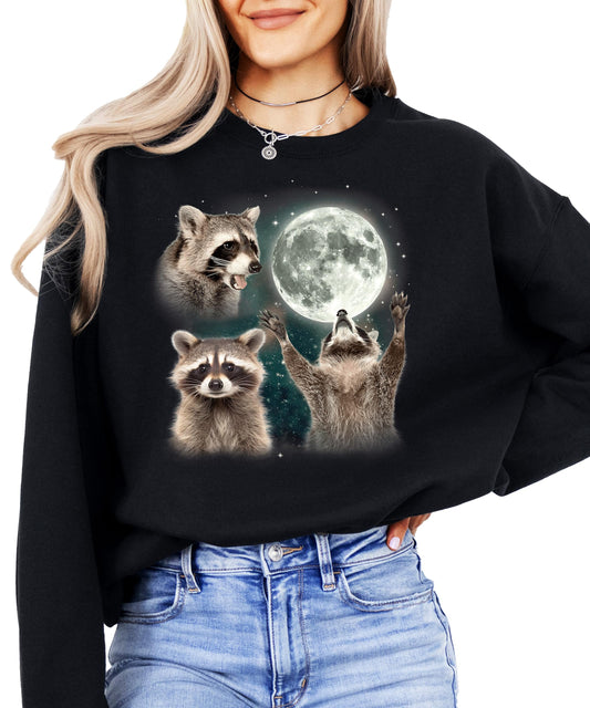 Women's gray pullover sweatshirt with vintage-style funny raccoon howling at the moon graphic