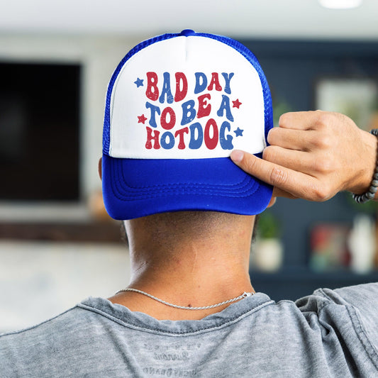 Bad Day to Be a Hot Dog 4th of July Classic 5 Panel Foam Front Mesh Snap Back Trucker Hat