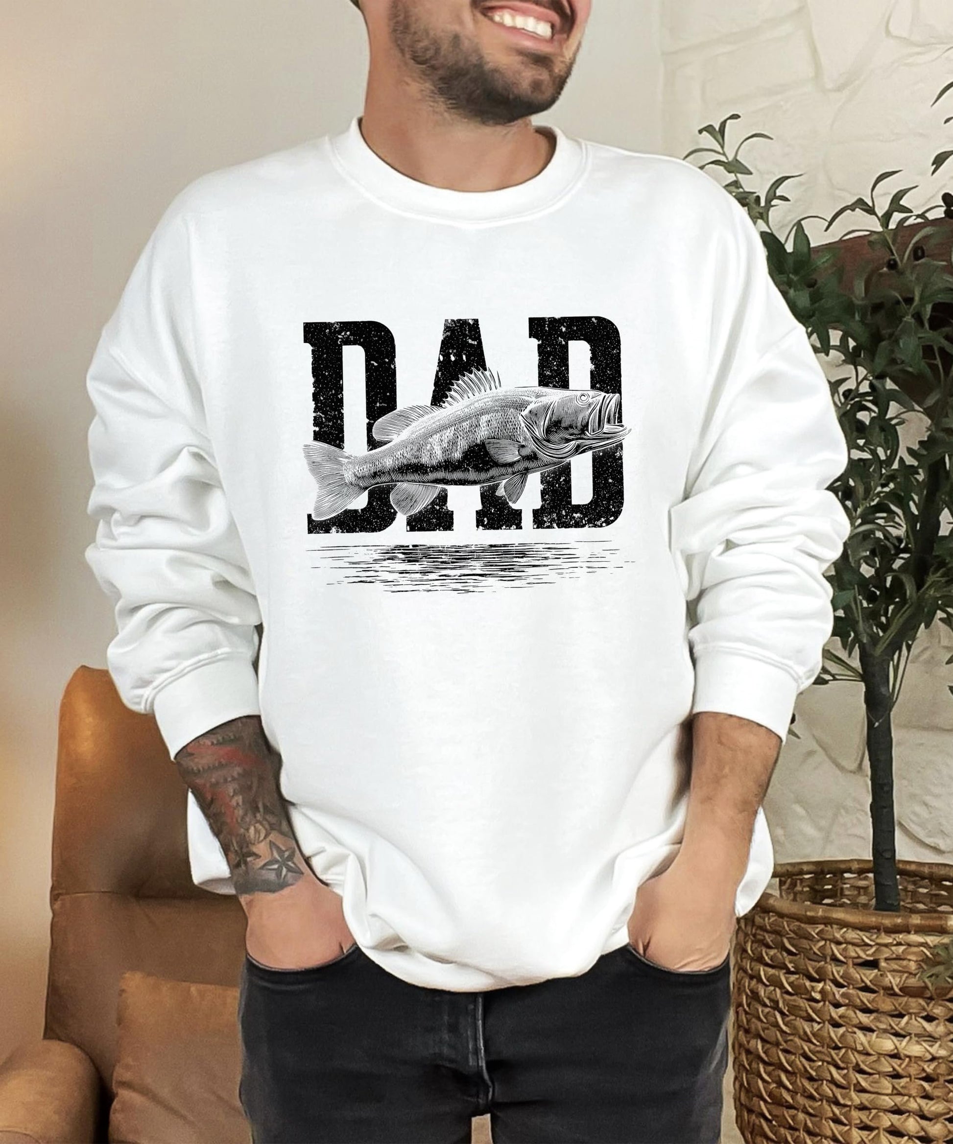 Side or back view of cozy white distressed fishing pullover sweatshirt