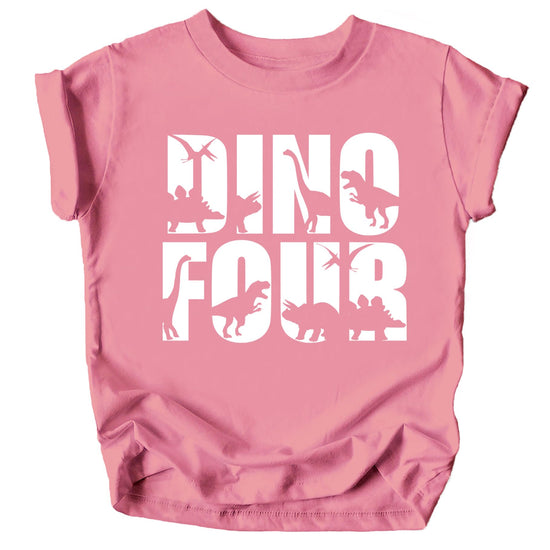 Toddler birthday outfit flat lay of green Dino Four dinosaur shirt