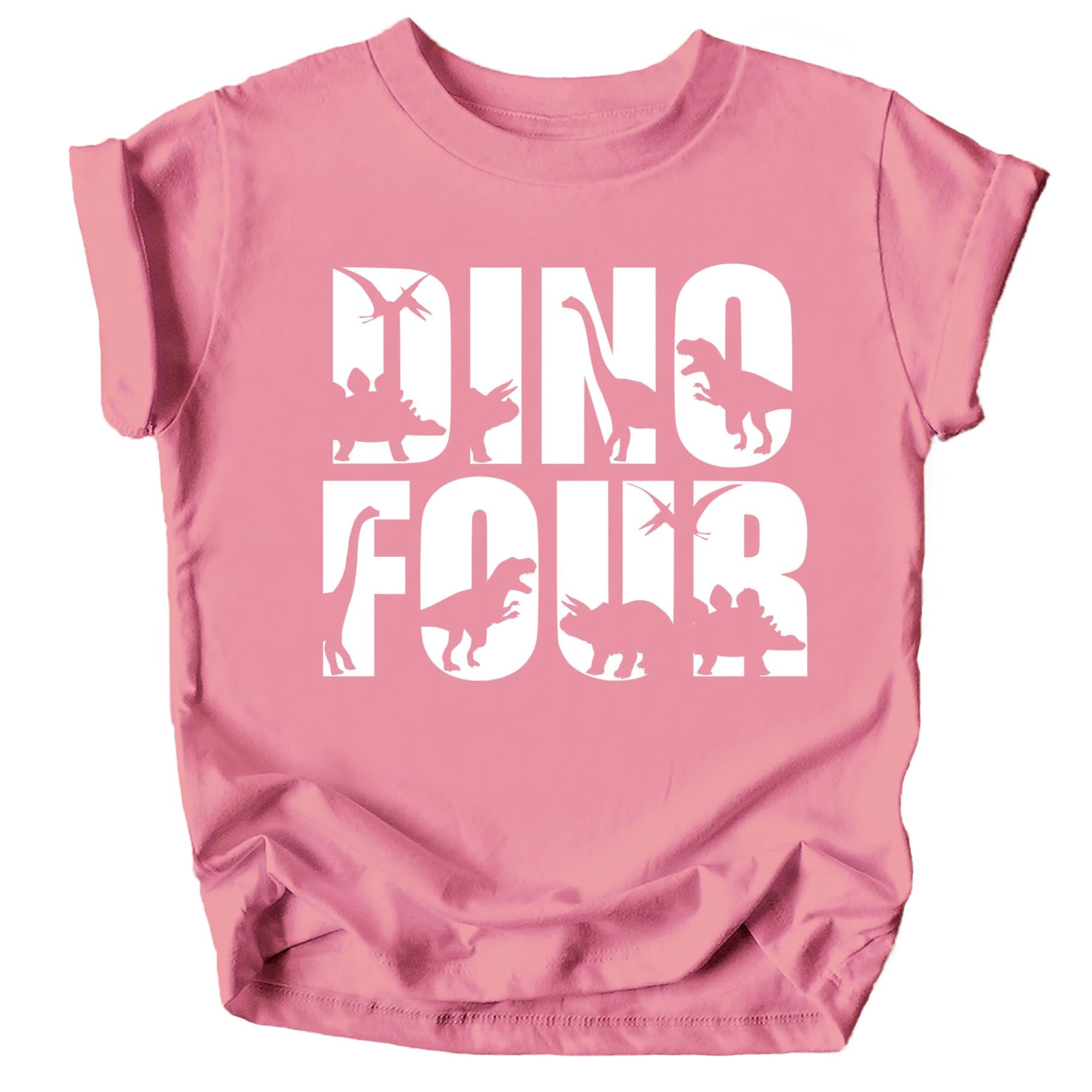 Toddler birthday outfit flat lay of green Dino Four dinosaur shirt
