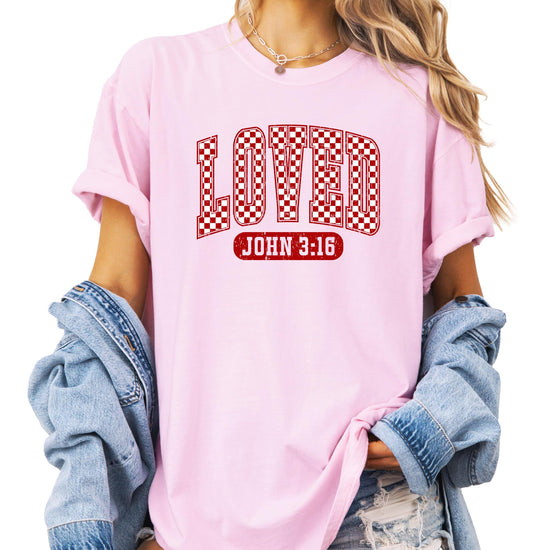 Women's red checkered Loved John 3:16 Valentine's Day graphic tee on natural shirt