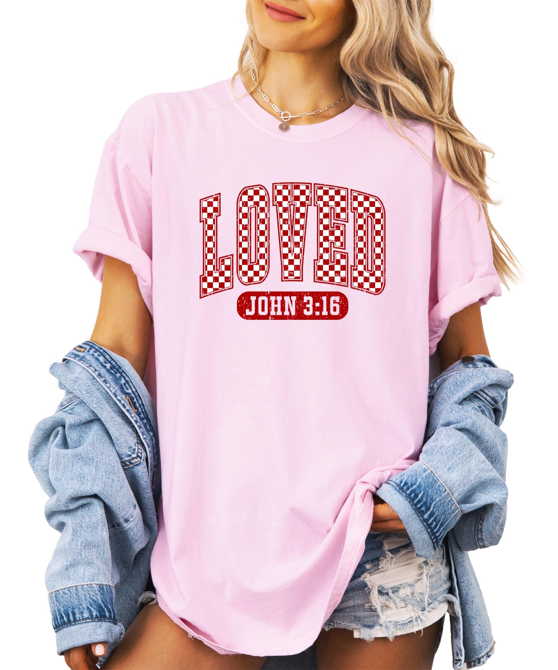 Women's red checkered Loved John 3:16 Valentine's Day graphic tee on natural shirt