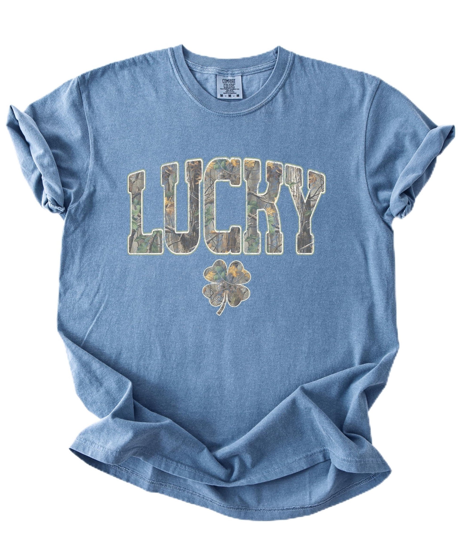 Unisex St. Patrick's Day lucky camo graphic tee with oversized block lettering and shamrock clover design