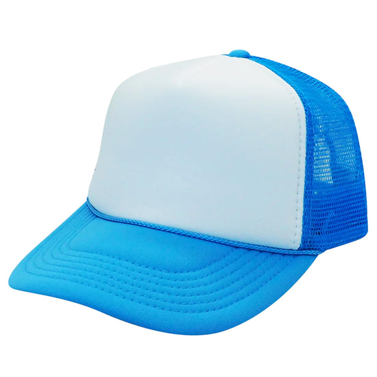 Trout fishing sunset trucker hat side view - neon blue mesh snapback with white foam front