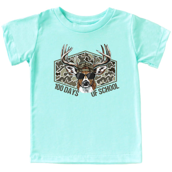Boys 100 days of school shirt with camo buck wearing shades and a hat, youth graphic tee in natural