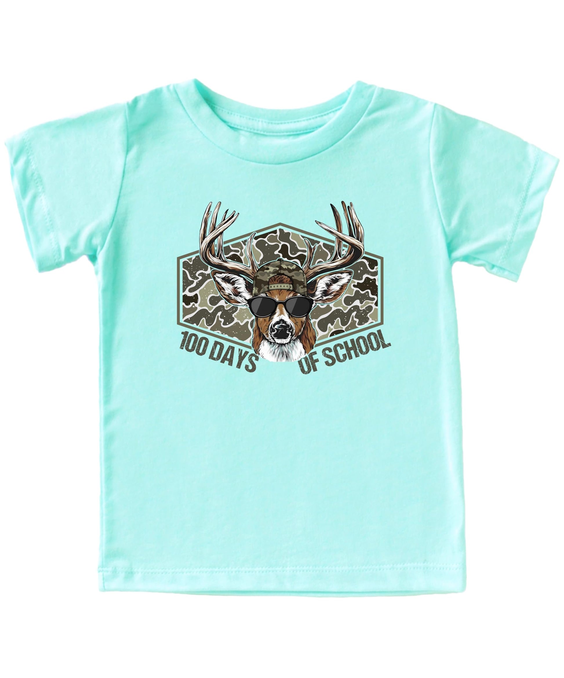Boys 100 days of school shirt with camo buck wearing shades and a hat, youth graphic tee in natural