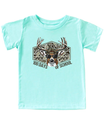 Boys 100 days of school shirt with camo buck wearing shades and a hat, youth graphic tee in natural