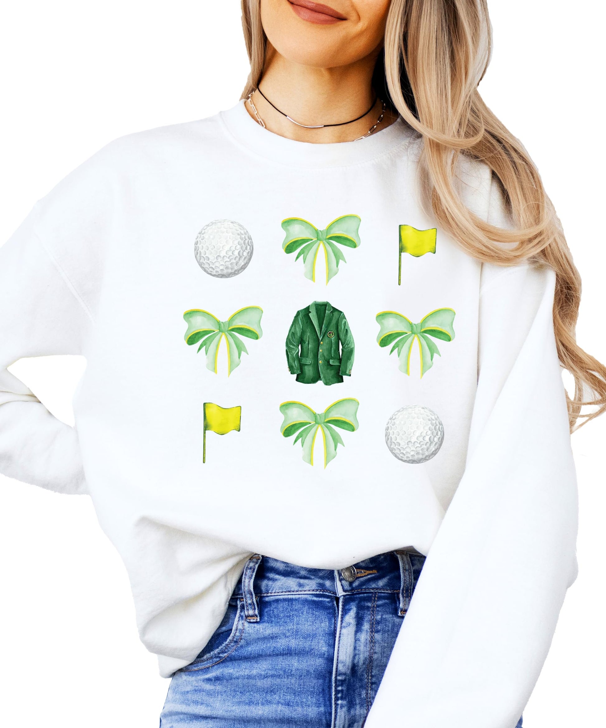 Women's white golf sweatshirt with playful tournament-style bow and golf ball design