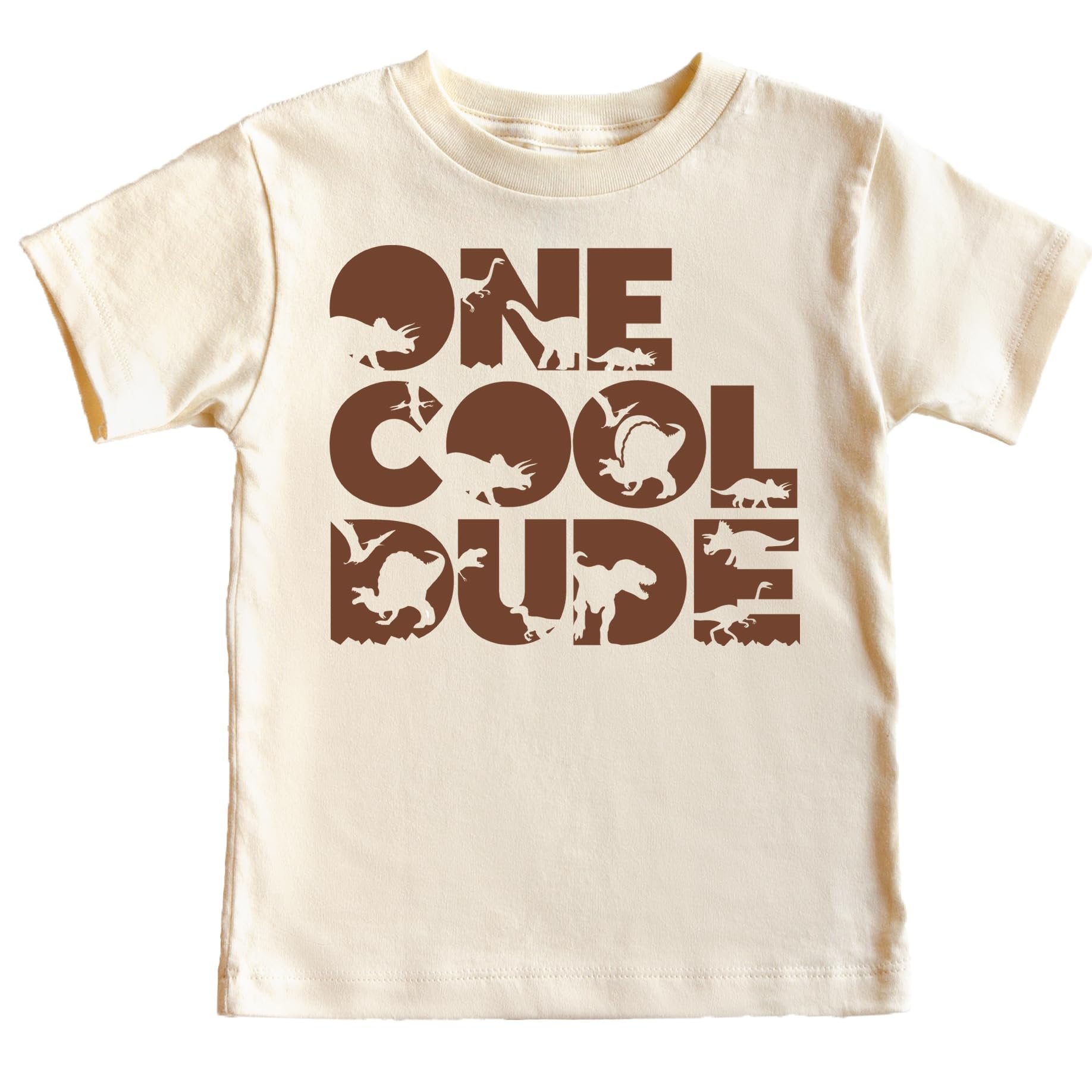 Close-up of One Cool Dude dino graphic print on military green birthday shirt