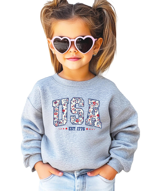 Floral USA Est 1776 Sweatshirt for Women, Teens & Girls Cute Patriotic Faux Embroidery Sweater