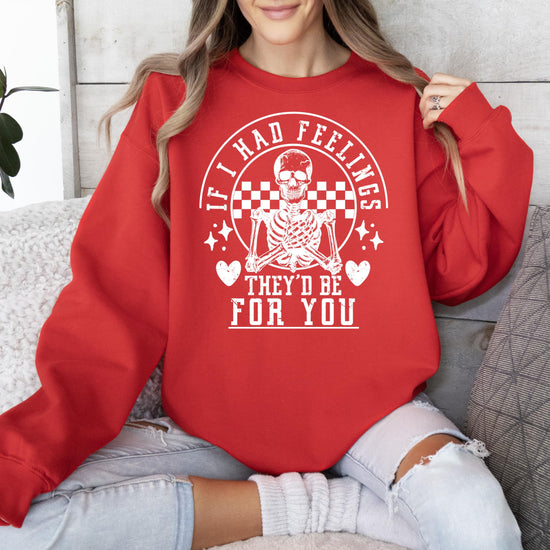 Model wearing red funny skeleton Valentine's sweatshirt, casual cozy fit, Olive Loves Apple graphic apparel