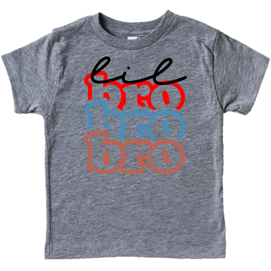 Colorful stacked Little Brother graphic tee for toddlers and baby boys with retro lettering