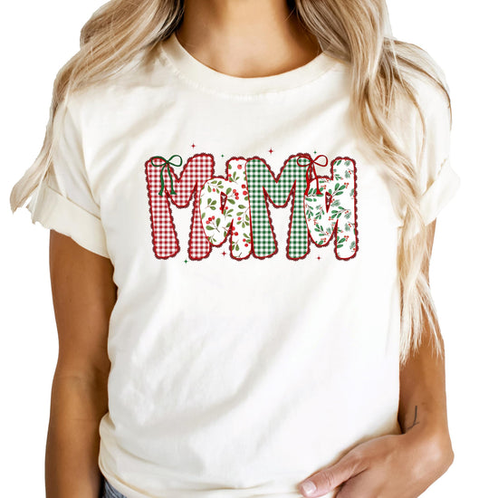 Nana Christmas shirt with cheerful gingham and bow faux lace graphic print on natural tee