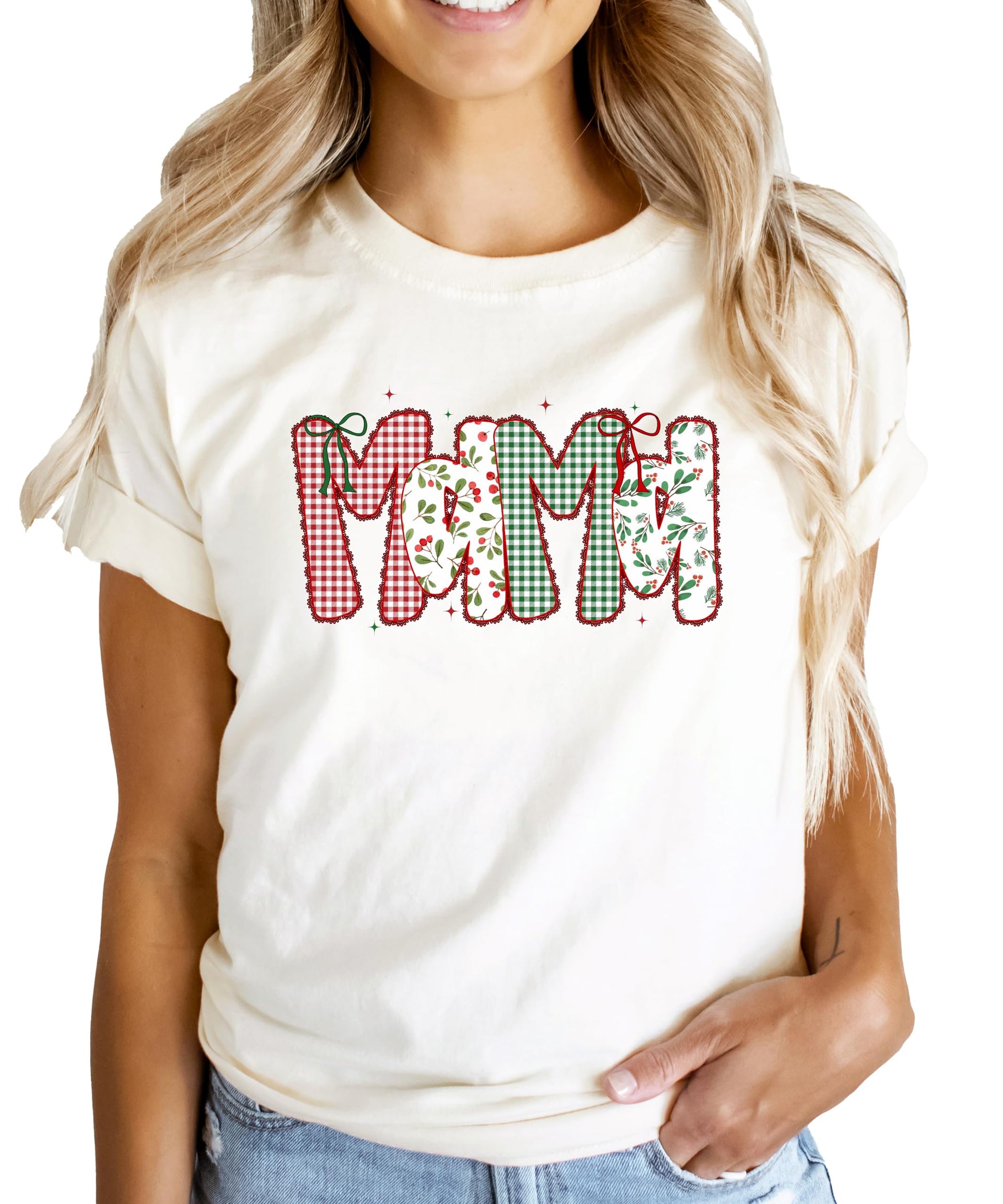Nana Christmas shirt with cheerful gingham and bow faux lace graphic print on natural tee