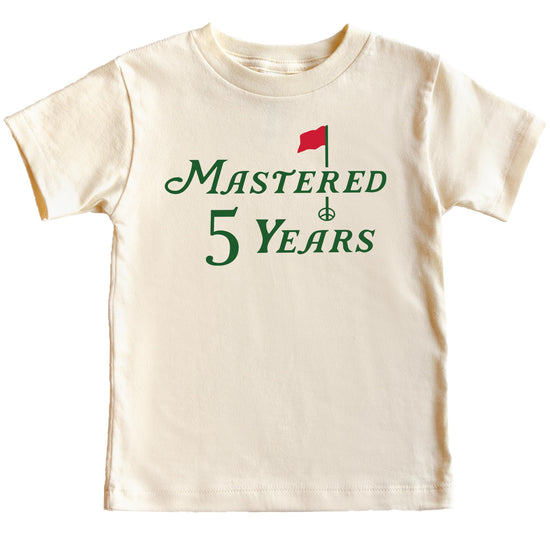 Mastered 5 Years birthday tee for boys and girls, natural color side or back view