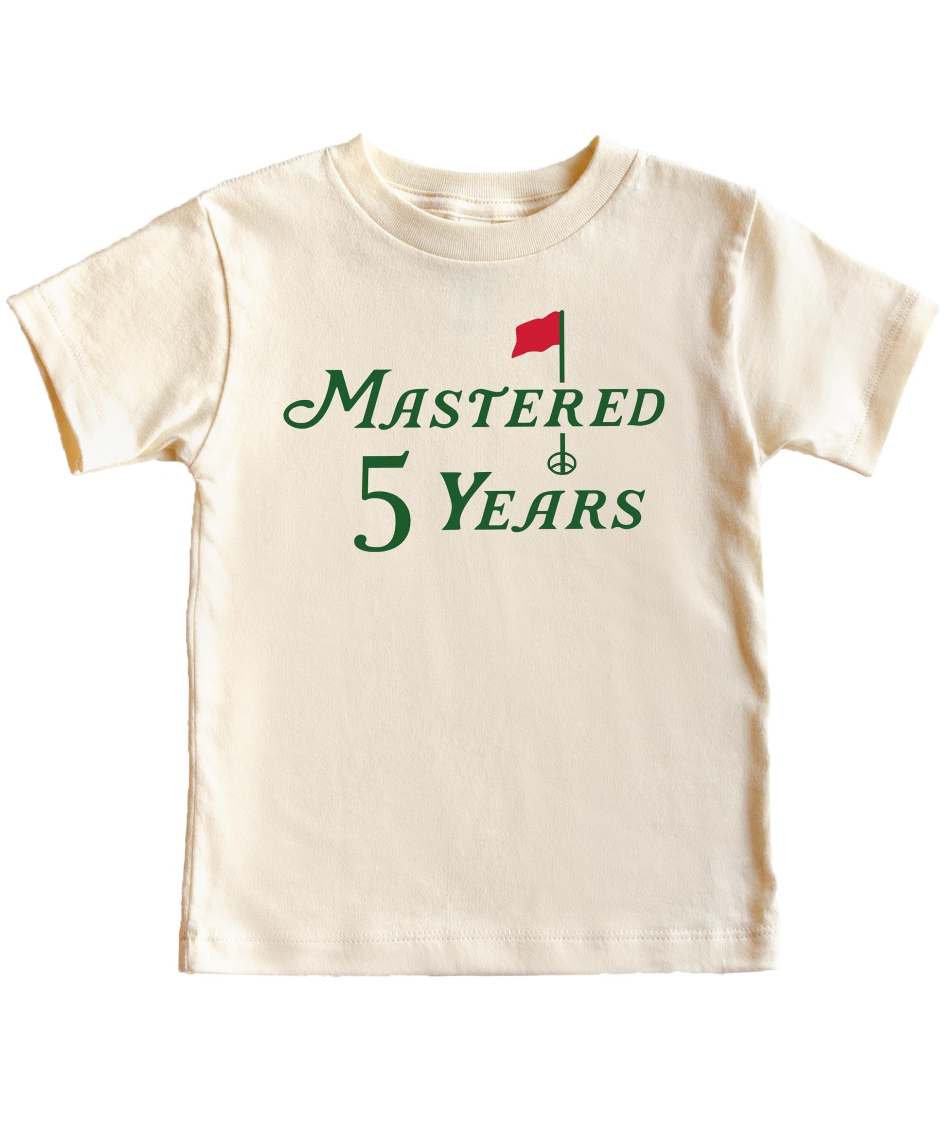 Mastered 5 Years birthday tee for boys and girls, natural color side or back view