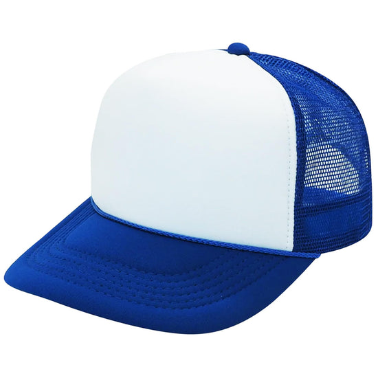 Trout fishing sunset trucker hat side view - royal blue mesh snapback with white foam front