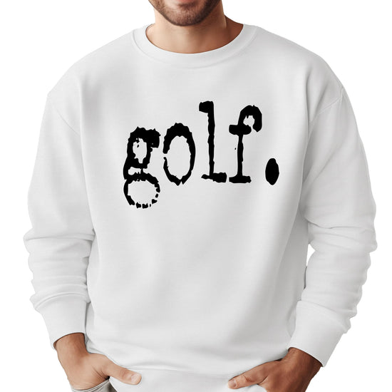 Close-up of distressed golf text graphic print on gray unisex sweatshirt