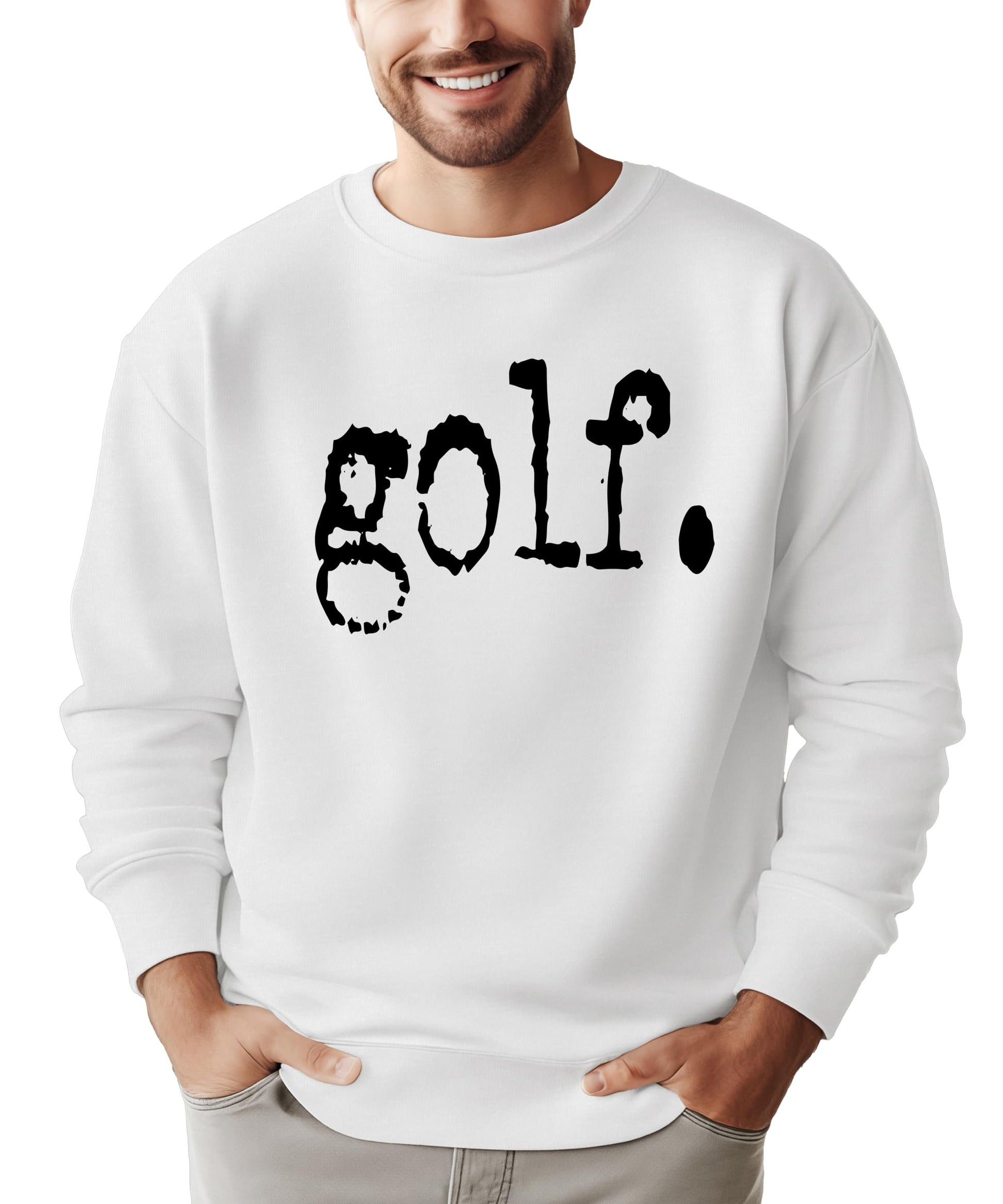 Close-up of distressed golf text graphic print on gray unisex sweatshirt