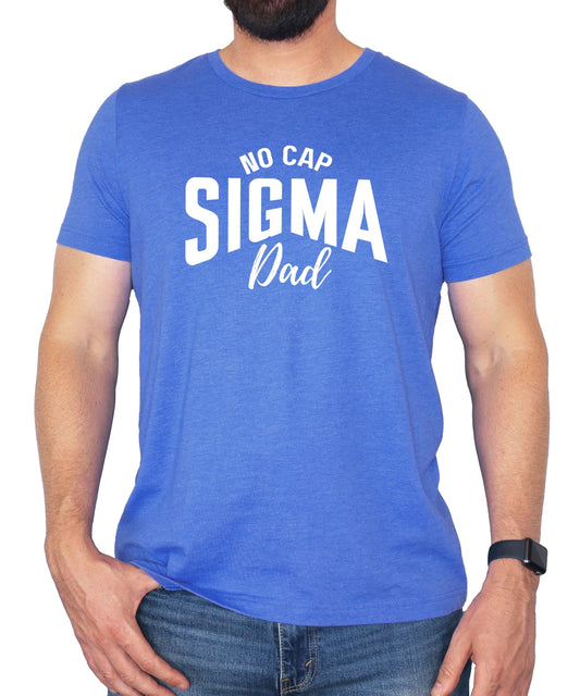 Close-up of Sigma Dad bold graphic print on men's blue tee shirt