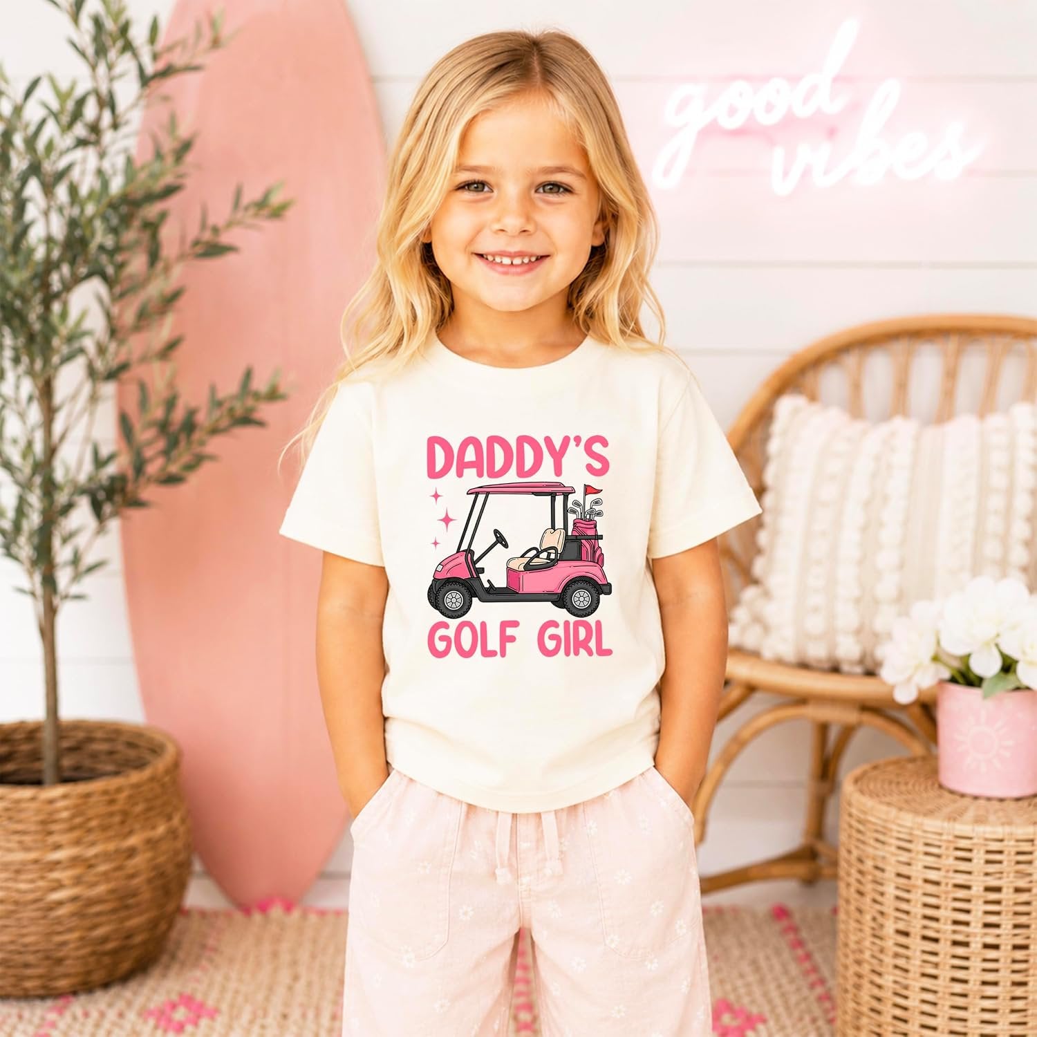 Daddy's Golf Girl toddler tee in natural color with pink golf cart print by Olive Loves Apple