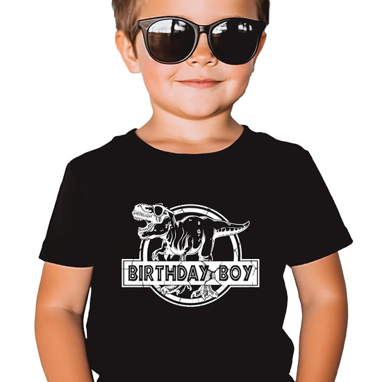 Size chart and color options for Birthday Boy T-Rex themed birthday party shirts