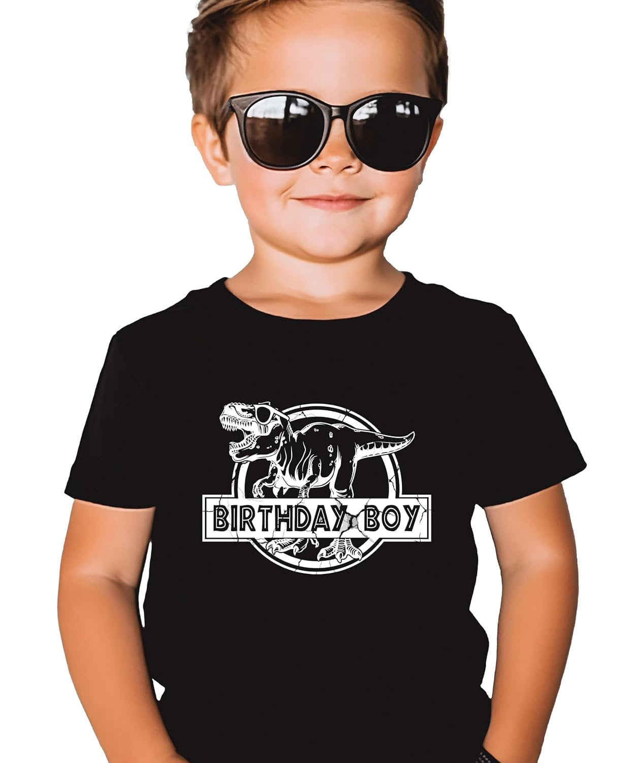 Size chart and color options for Birthday Boy T-Rex themed birthday party shirts
