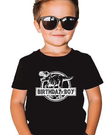 Size chart and color options for Birthday Boy T-Rex themed birthday party shirts