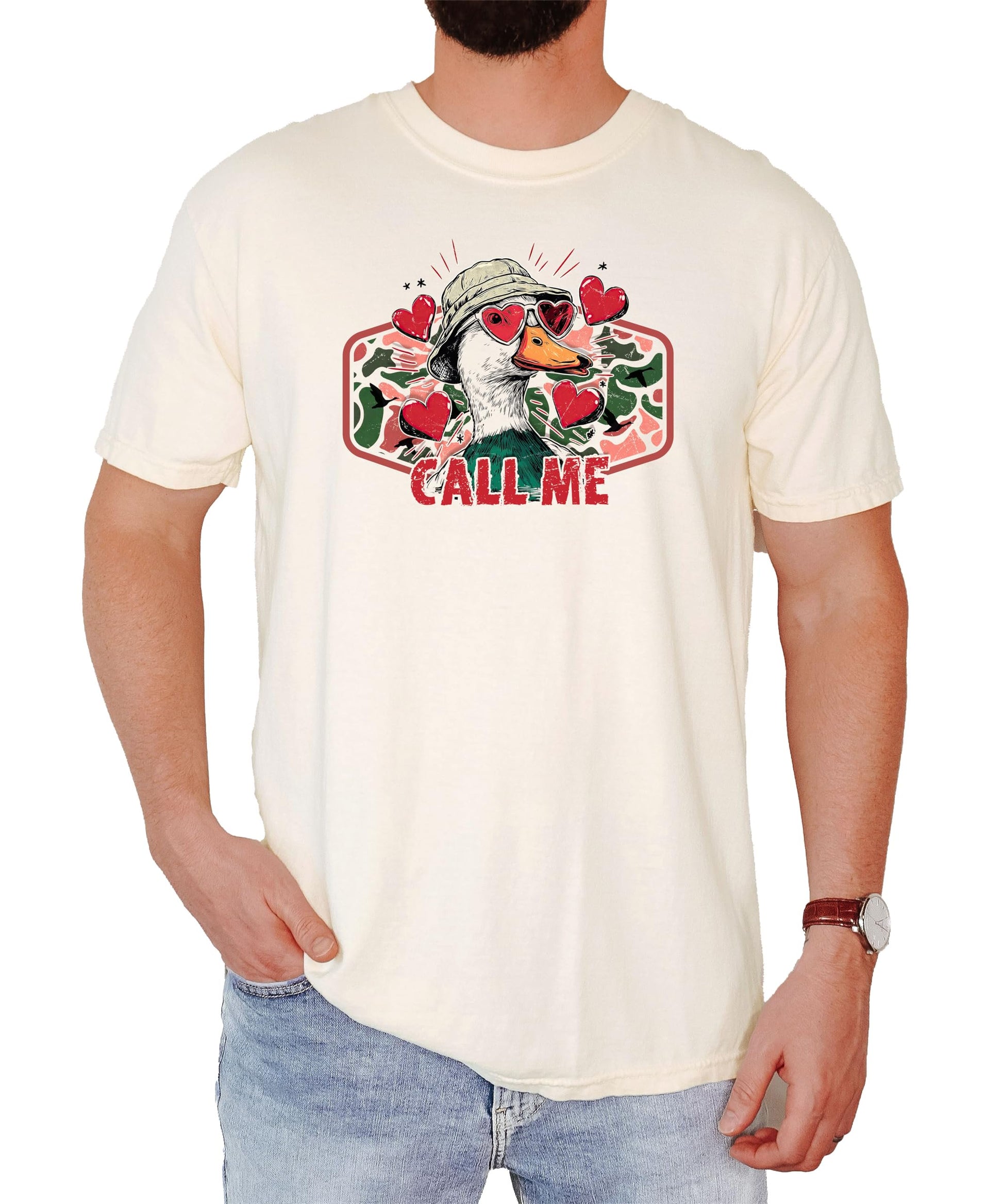 Front view of Call Me Valentine duck hunting graphic tee in ivory on a model