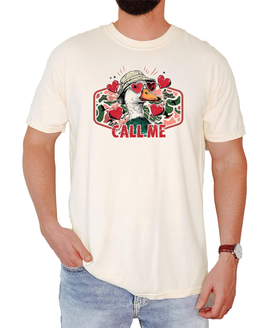 Front view of Call Me Valentine duck hunting graphic tee in ivory on a model