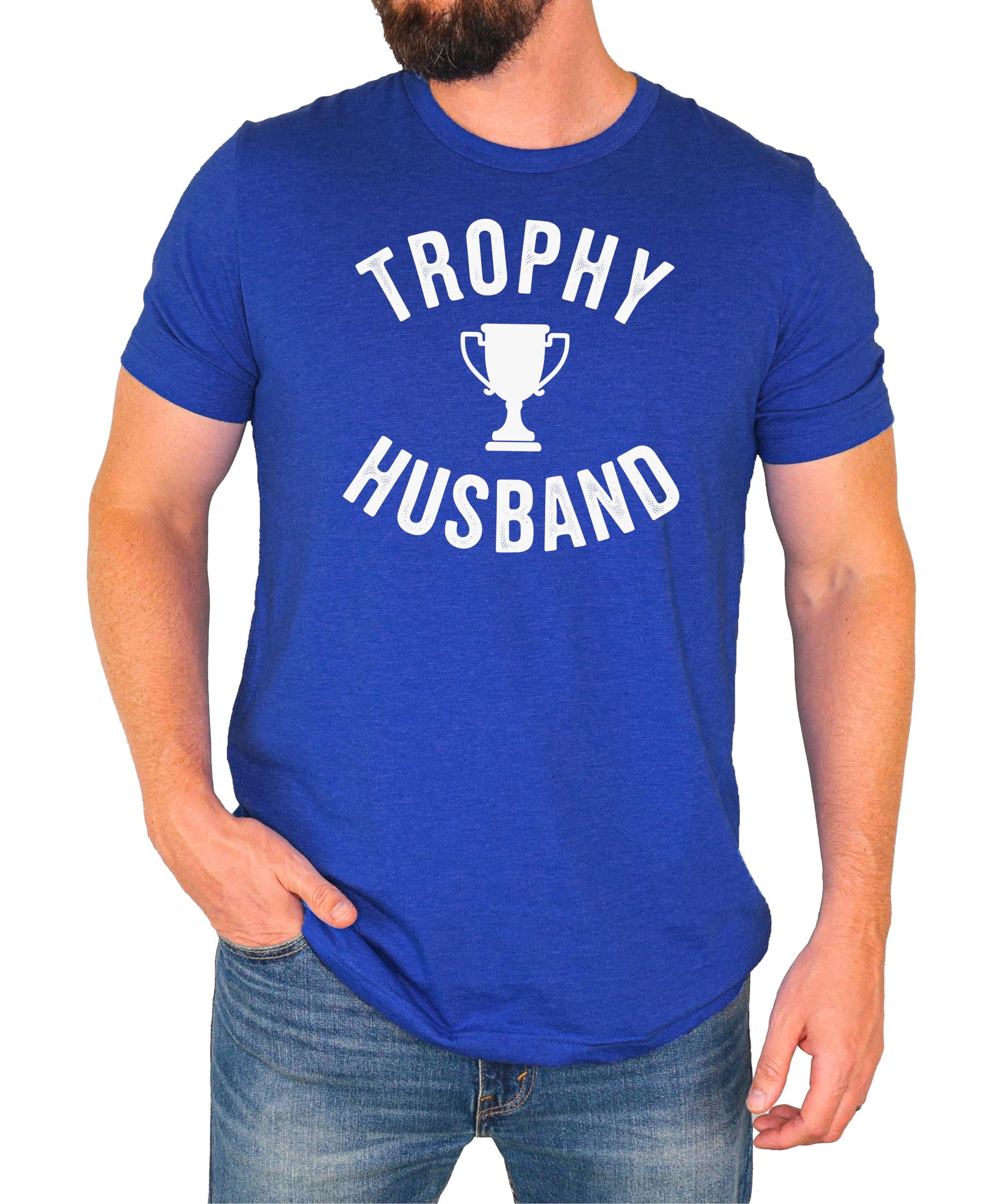 Close-up of Trophy Husband shirt graphic with trophy illustration