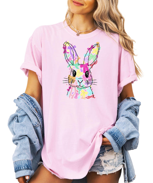 Spring Easter tee with bunny and bow design modeled on woman