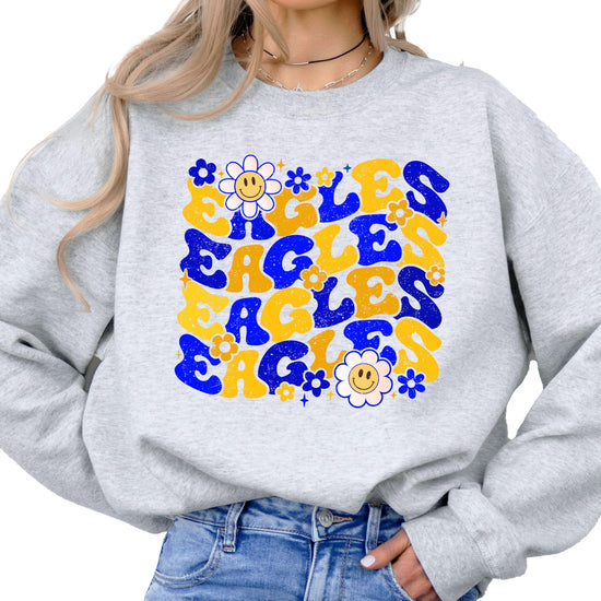 Retro Eagles pullover sweatshirt with vintage floral and smiley daisy graphic in gray