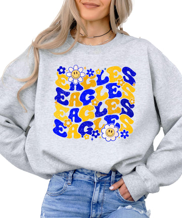 Retro Eagles pullover sweatshirt with vintage floral and smiley daisy graphic in gray