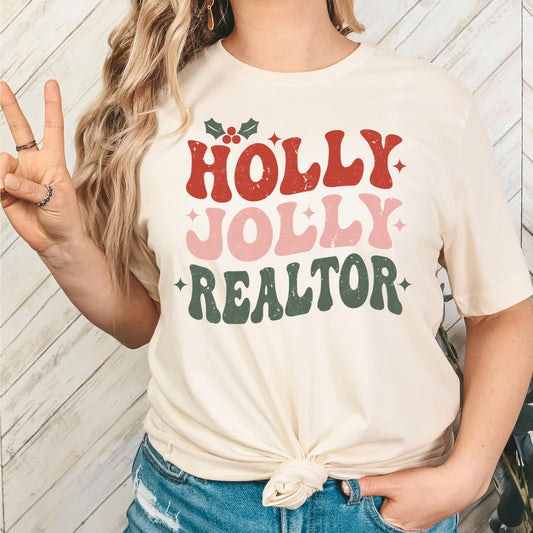 Close-up of Holly Jolly Realtor holiday shirt showing crisp USA-printed Christmas graphic detail
