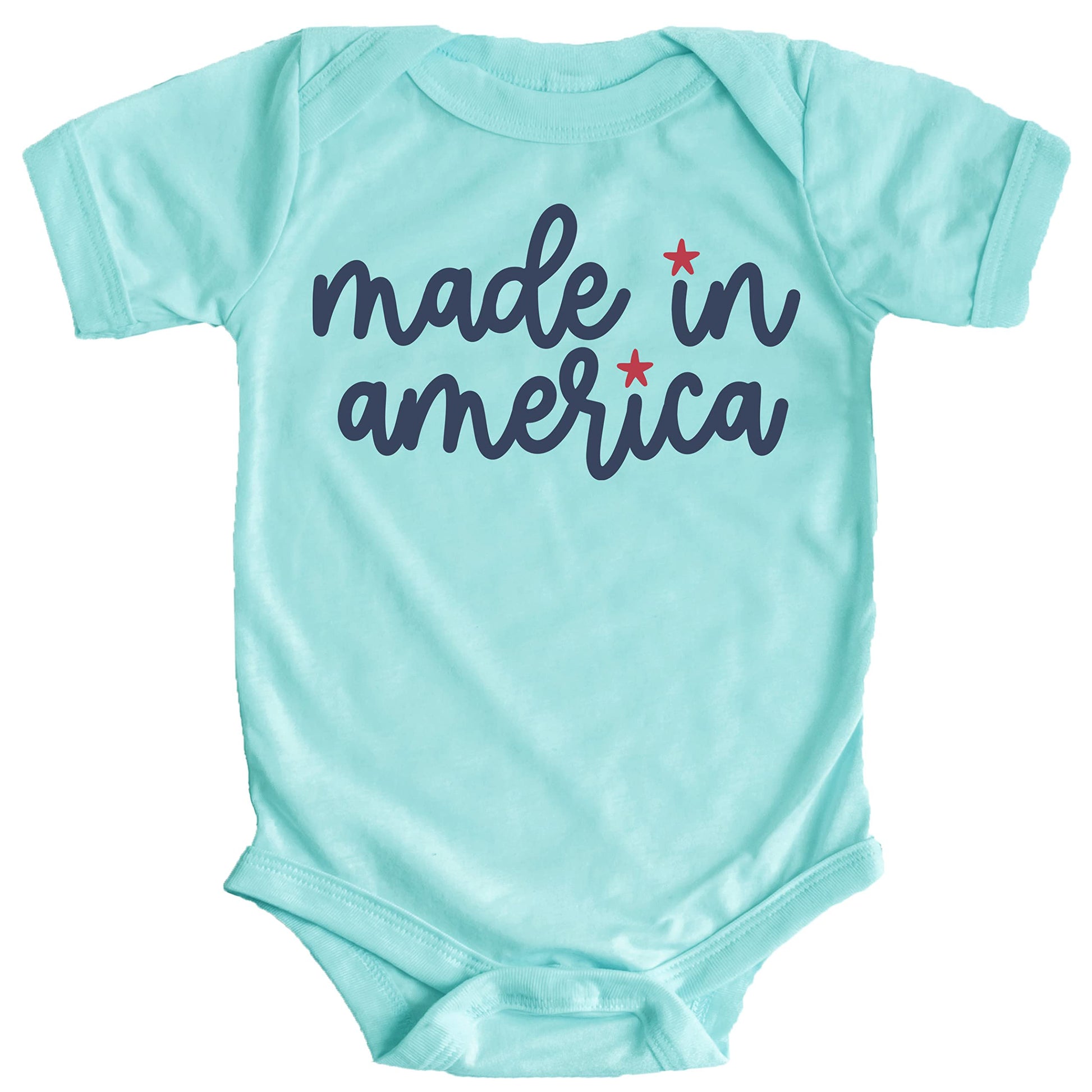Baby bodysuit with Made in America 4th of July graphic print in white on pink