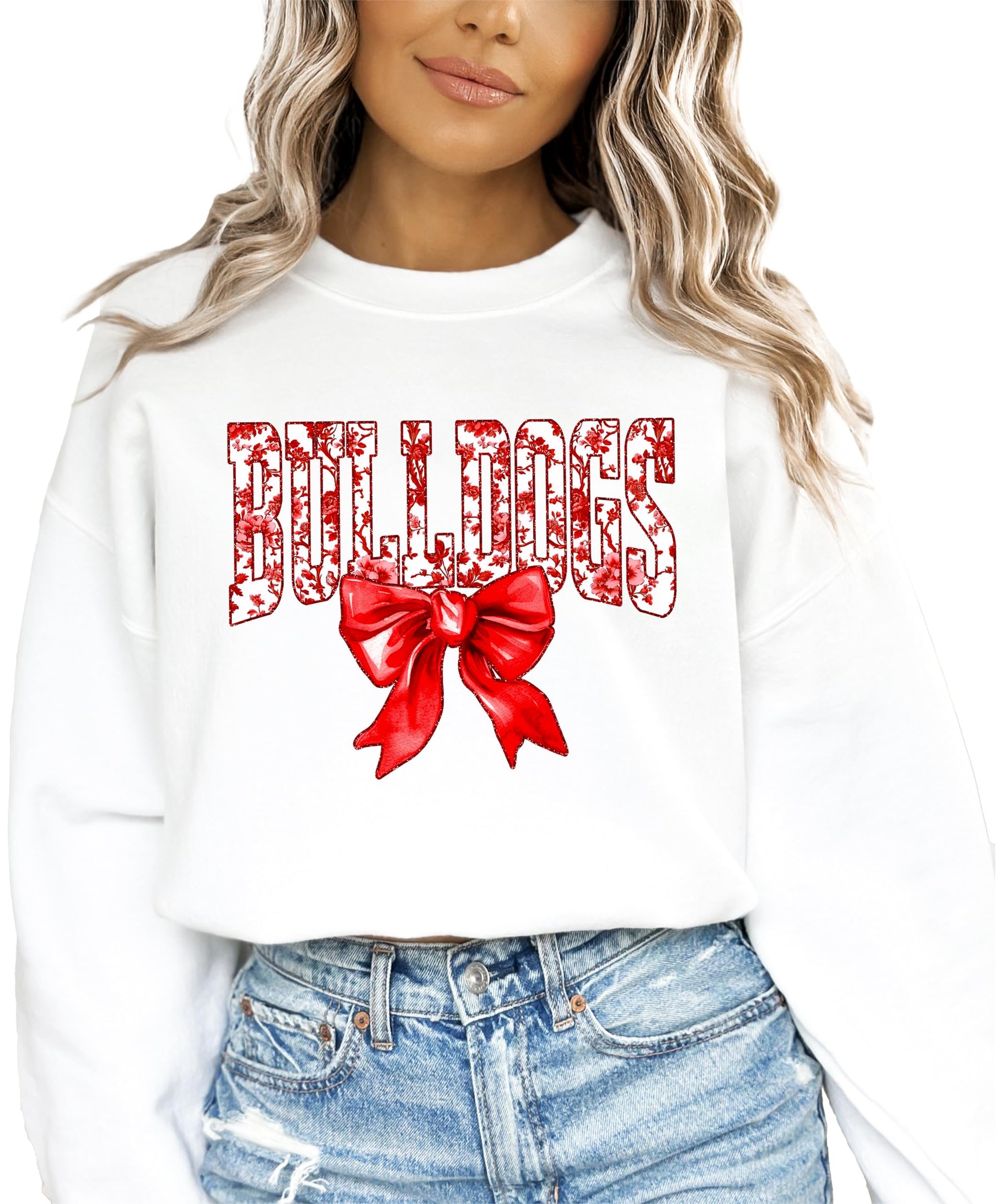 Youth girl modeling Bulldogs team spirit sweatshirt