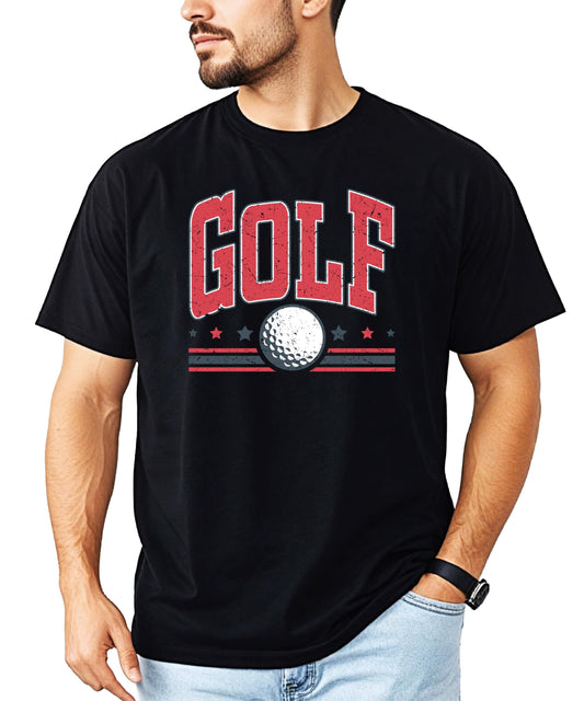 Front view of patriotic golf graphic tee for men with stars and golf ball print