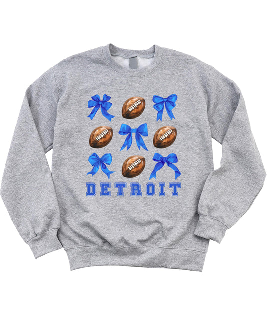 Detroit Football Sweatshirt for Women Teens and Kids Footballs and Blue Coquette Bows Pullover