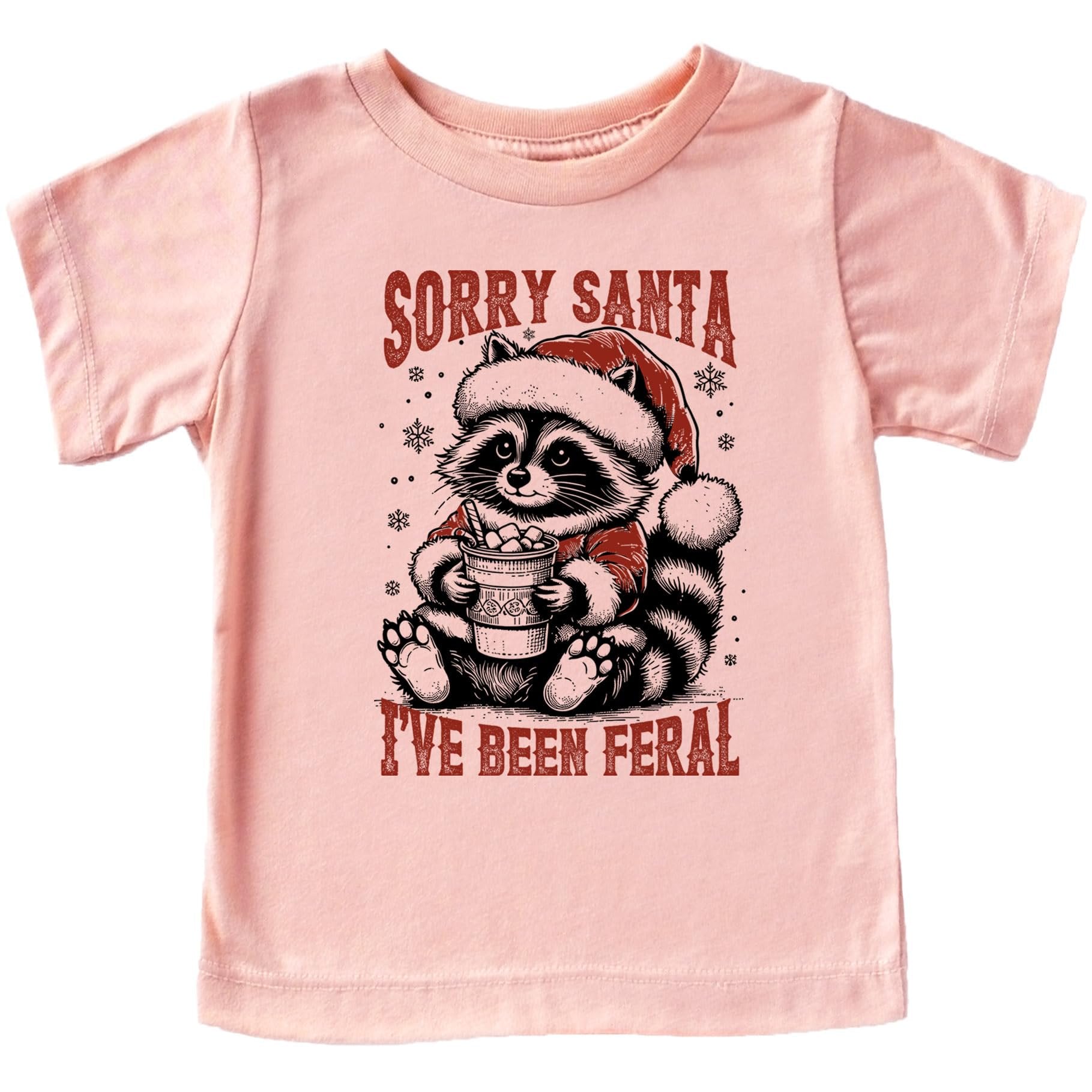 Close-up of feral raccoon Santa hat holiday graphic print on natural colored tee