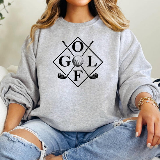 Back view of white golf sweatshirt showing design placement