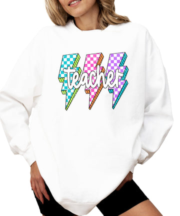 Teacher Sweatshirt for Women Back to School Retro Lightning Bolt Checkered Graphic Pullover Gray Sweatshirt Adult Small